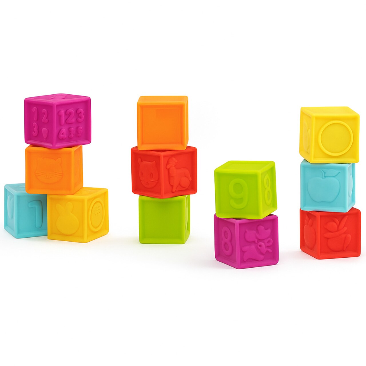 Molto Play & Sense Funny Blocks – 12 Soft Sensory Building Blocks for Babies & Toddlers – Easy-to-Grip, Squeezable Cubes with Shapes, Animals & Numbers – Ages 6 Months+